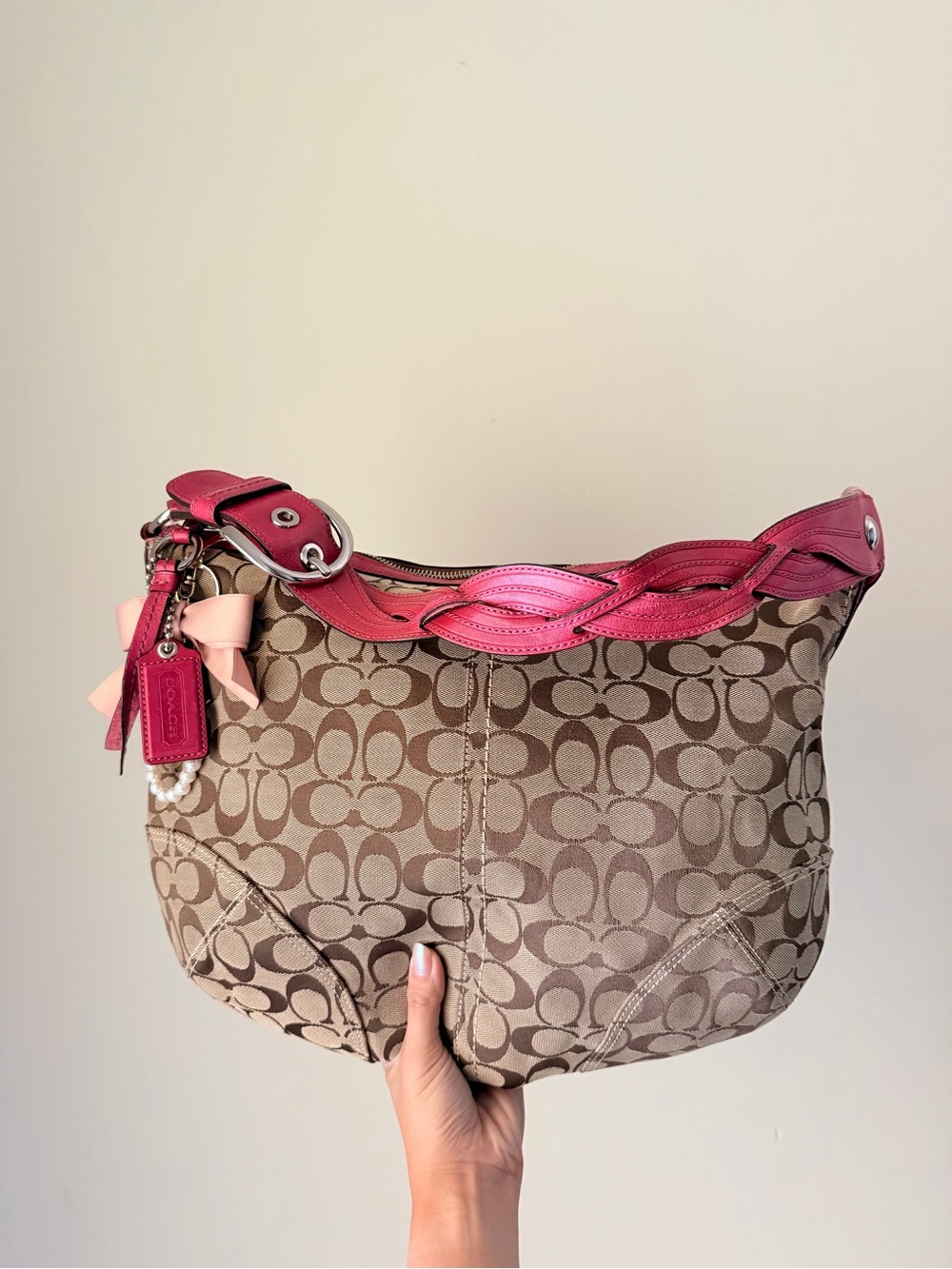 Coach Brown Signature Canvas Hobo with braided Pink strap